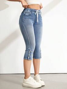 SHEIN Tall 女士抽绳腰带口袋休闲修身七分牛仔裤 - 淺色水洗藍 - 查看 4