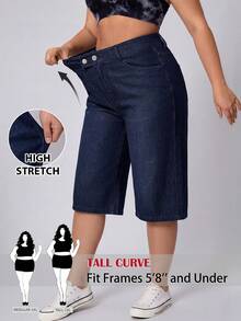 SHEIN Tall CURVE 大码女式高腰弹力牛仔百慕大短裤，深蓝色休闲夏季穿搭，大码纯色休闲高弹力直筒宽松牛仔裤，带口袋 - 深色水洗藍 - 查看 1