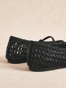 Women's Square Toe Handmade Woven Casual Comfortable Flat Shoes - Black - View 5