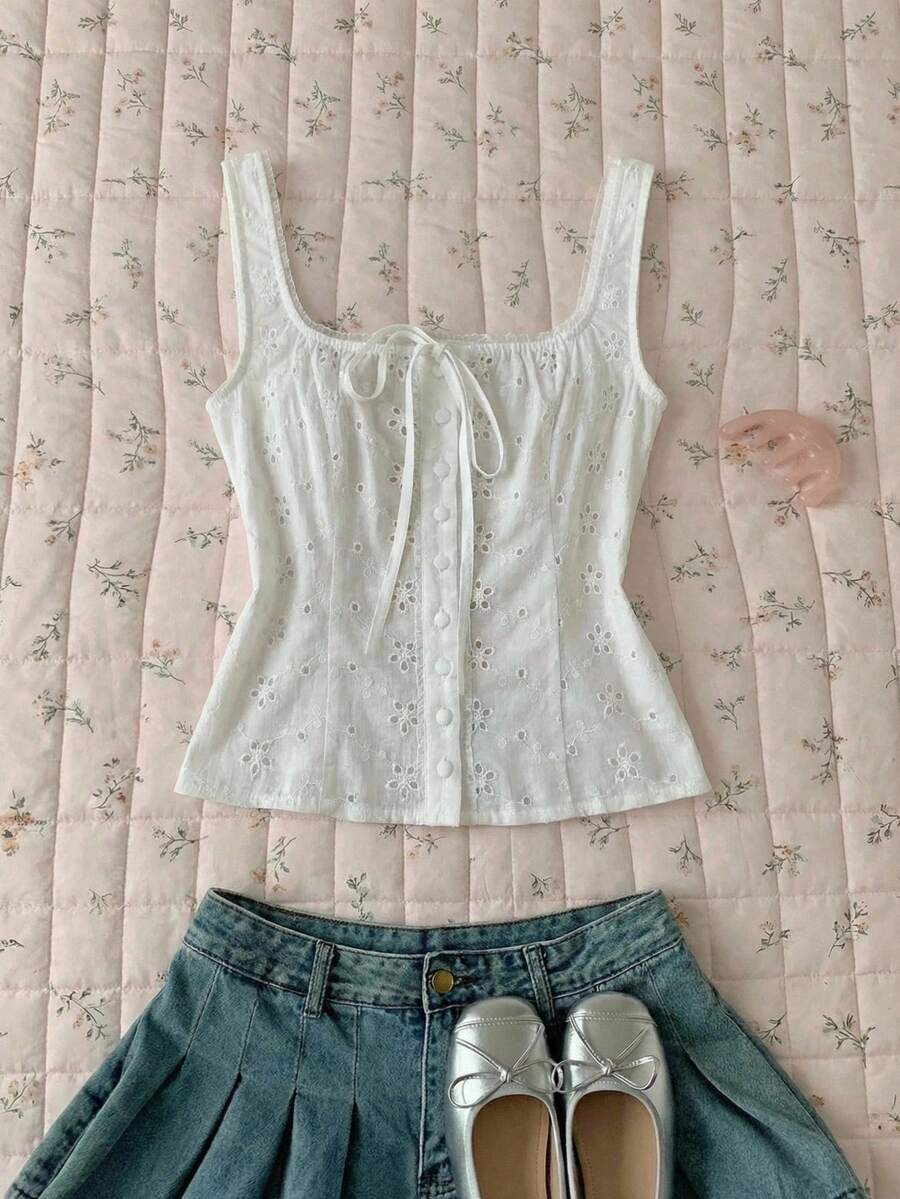 SHEIN CovetEZ Women's Vacation Embroidered Tie Front Sleeveless Blouse See Through Top White Lace Up Top See Through Tops Eyelet Blouse Lace Up Top Cafe Outfit Casual Summer Outfits Women Coffee Date Outfit Trending Outfit Nice Outfit Women's Shirts For Summer Women's Tops And Blouses Women's Summer Outfits Women Outfit - White - View 1