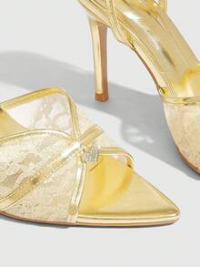 CUCCOO SZL Sandal Hak Tinggi Ujung Lancip Motif Hati Berenda untuk Pesta Wanita, Sepatu Musim Panas - Emas - View 5