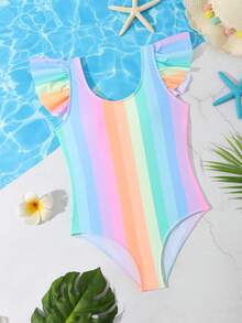 Tween女孩彩虹條紋荷葉邊連身泳衣 - 彩色 - 查看 1