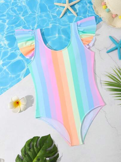 Traje De Baño De Una Pieza Con Volantes Y Rayas Arcoíris Para Niñas Preadolescentes