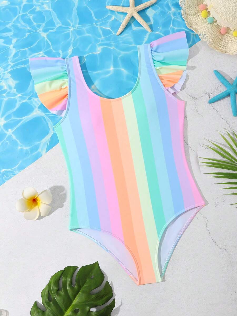 Tween女孩彩虹條紋荷葉邊連身泳衣 - 彩色 - 查看 1