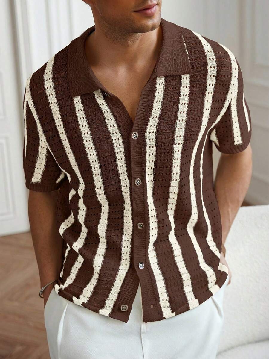 Manfinity CityGents 男士夏季休闲度假撞色条纹图案短袖针织上衣 - 彩色 - 查看 1