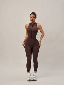 Dewbera 1 bộ đồ liền thân hở lưng không tay thiết kế khóa kéo liền mạch dài 3/4 dành cho nữ thể thao chạy bộ tập luyện yoga - màu nâu - Xem 3