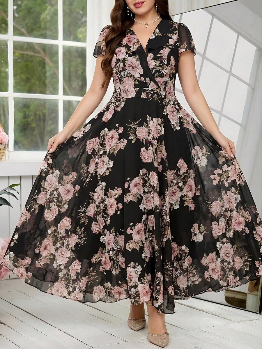 Reflora 大码女士优雅印花连衣裙，夏季婚礼宾客礼服