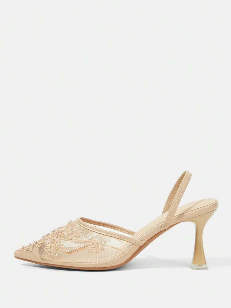 CUCCOO HITCHD Women's Pointed Toe Apricot Embroidered Mesh Handmade Beaded Elastic Band Comfortable Breathable Fashion Elegant Party Banquet High Heel Mule Shoes