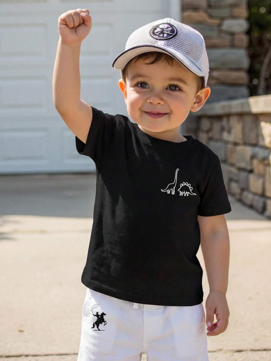 SHEIN Áo thun ngắn tay cổ tròn in hình khủng long hoạt hình, kiểu dáng thường ngày, đa năng dành cho bé trai. - màu đen - Xem 1