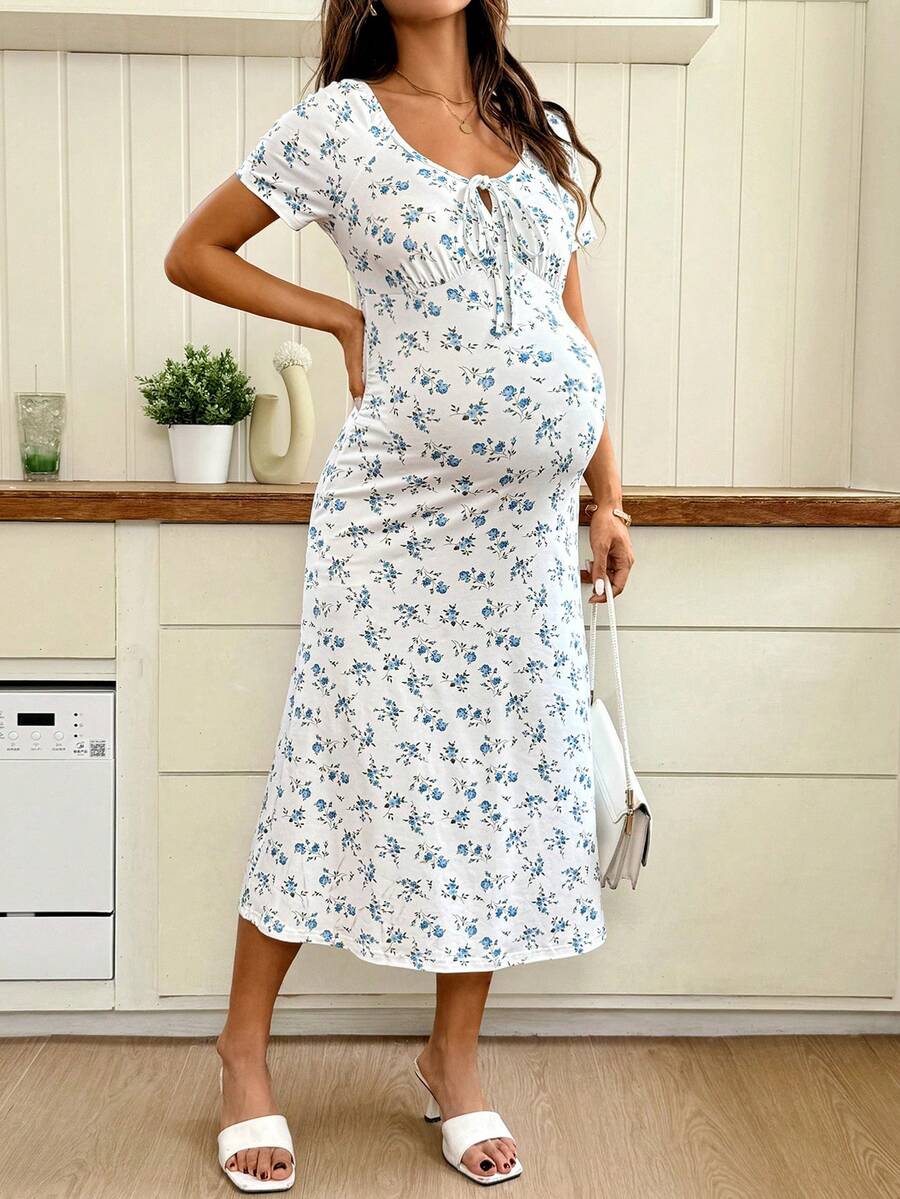 SHEIN 孕妇夏季海滩度假碎花扭结修身中长连衣裙 - 藍色 - 查看 1