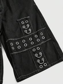 ROMWE Grunge Punk Y2K Punk Street Style Metal Rivet Eyelet Cross Embroidered Loose Fit Denim Shorts - Black - View 4