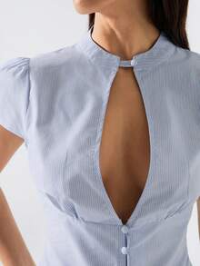 LYSMO 2026 New Arrive Minimalism Spring/Summer Women's Sexy Striped Hollow-Out Blouse, Summer,Summer Top - Baby Blue - View 7