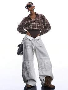 LYSMO Mono de mujer de manga larga con hombros caídos y estampado de cuadros - Marrón - Ver 6