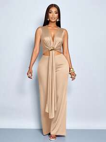 SOLERSUN 女士优雅酒红色无袖深V领露腰金属装饰垂褶腰带阔腿连体裤，优雅正式晚装/派对/约会 - 卡其色 - 查看 6