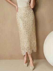 Anewsta Hàng mới về mùa Xuân/Hè, kiểu dáng thanh lịch, thích hợp cho kỳ nghỉ, hẹn hò, ngày Valentine, năm mới, đám cưới, tiệc tùng. Chân váy dài lấp lánh đính sequin khoét lỗ dành cho nữ. - Màu be - Xem 5