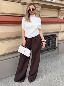 Jeta Ari Áo len nữ thanh lịch, dáng rộng, cổ đứng, tay ngắn, màu trắng/be, kiểu dáng oversized, áo chui đầu thời trang thu đông mới, đa năng, thích hợp cho mùa xuân. - Màu be - Xem 6