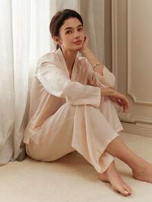 LUVLETTE All-Season Versatile Champagne Satin Pajama Set - Long-Sleeve Top & Wide-Leg Pants With Lace Trim Wedding Items Now Trending - Apricot - View 11