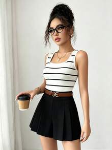 Elenzga Women's Striped Versatile Tank Top And Fashionable Pleated Shorts 2 Pieces Set, Suitable For Commuting - Black and White - View 2