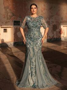 Serin Plus Size Elegant Romantic Mint Green Round Neck Mid-Sleeve Sheer Sequin Mesh Patchwork Formal Evening Dress For Mothers Dresses For Special Occasions Teal Luxury Evening Prom Luxury Evening Evening For Women Luxury Evening Luxury Evening Gown Evening Dresses Plus Size Luxury Dresses For Women Elegant Gowns - Green - View 9
