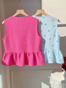 SHEIN Comfortcana 2pcs Women's Summer Vacation Fuchsia & Blue Striped Tie Front Sleeveless Blouse Set Peplum Tops Babydoll Tops Woman Tops Sleeveless Tops Tie Front Tops,Summer Top - Multicolor - View 2