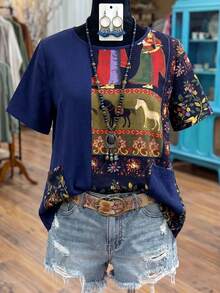 Linhara 大码女式复古风格拼色图案套头衬衫，春夏 - 藏蓝色 - 查看 1