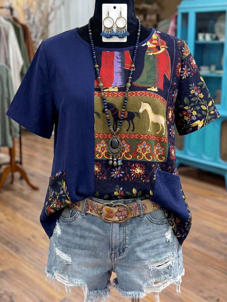 Linhara 大码女式复古风格拼色图案套头衬衫，春夏 - 藏蓝色 - 查看 1