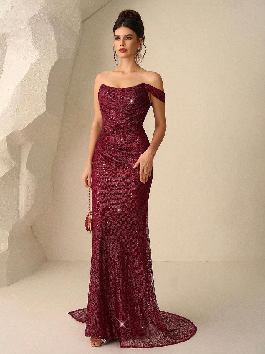 Coutiva Đầm dạ hội trang trọng dành cho nữ, chất liệu vải lưới và thêu đính cườm (được trang trí cầu kỳ) - Màu Đỏ Sâu - Xem 1