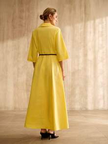 MOTF PREMIUM Damen 100% Baumwolle Kleid mit ausgestelltem Saum und Gürtel, Frühling/Sommer - Gänsegelb - Übersicht 4