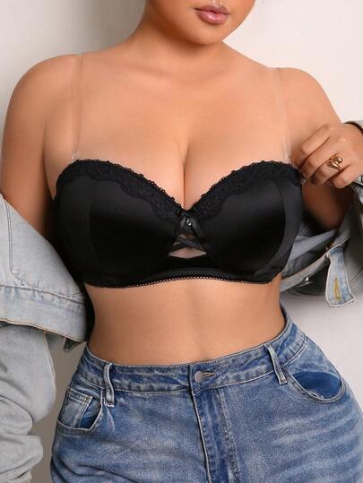 Soutien-gorge confortable grande taille pour femmes, de couleur unie, sexy, avec découpes croisées, brillant et lisse. Décoré de dentelle fleurie et de bordures festonnées. Avec armatures, bretelles transparentes, soutien et maintien pour un effet push-up. Soutien-gorge confortable et instantané