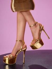 CUCCOO LuxiPop Women's High-Heeled Sandals, Round Toe High Heels, Pu Fabric, Strip Decoration, Fashionable And Comfortable For Daily Parties And Banquets, Buckle-Up Heel Shoes, Nightclub Style, Sexy Style, Easter, Spring And Summer 2000's Style, Summer Wear, Vacation Atmosphere, Cool Girl Night Out Style - yellow gold - View 2