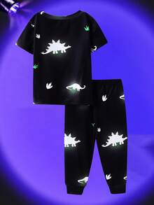 Bubblio Young Boy Dinosaur Cartoon Pattern Casual Minimalist Snug Fit Comfortable Round Neck Short Sleeve Pants Pajamas, Suitable For All Seasons - Multicolor - View 2