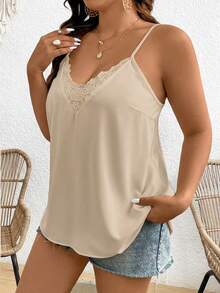 SHEIN Frenchy Plus Size Solid Color Lace Patchwork V-Neck Camisole Gym Brown Summer - Khaki - View 6