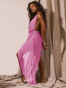 Musera Resort 露背吊带深V领雪纺不对称露背迷你连衣裙，春夏度假性感波西米亚风伊比沙岛音乐节海滩泳装罩衫，优雅生日派对假日装扮 - 粉色 - 查看 2