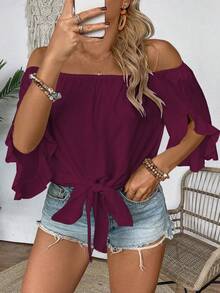 EMERY ROSE Plus Size Women's Vacation Solid Color Off-Shoulder Knotted Waist Fashionable Blouse - Red Violet - View 1
