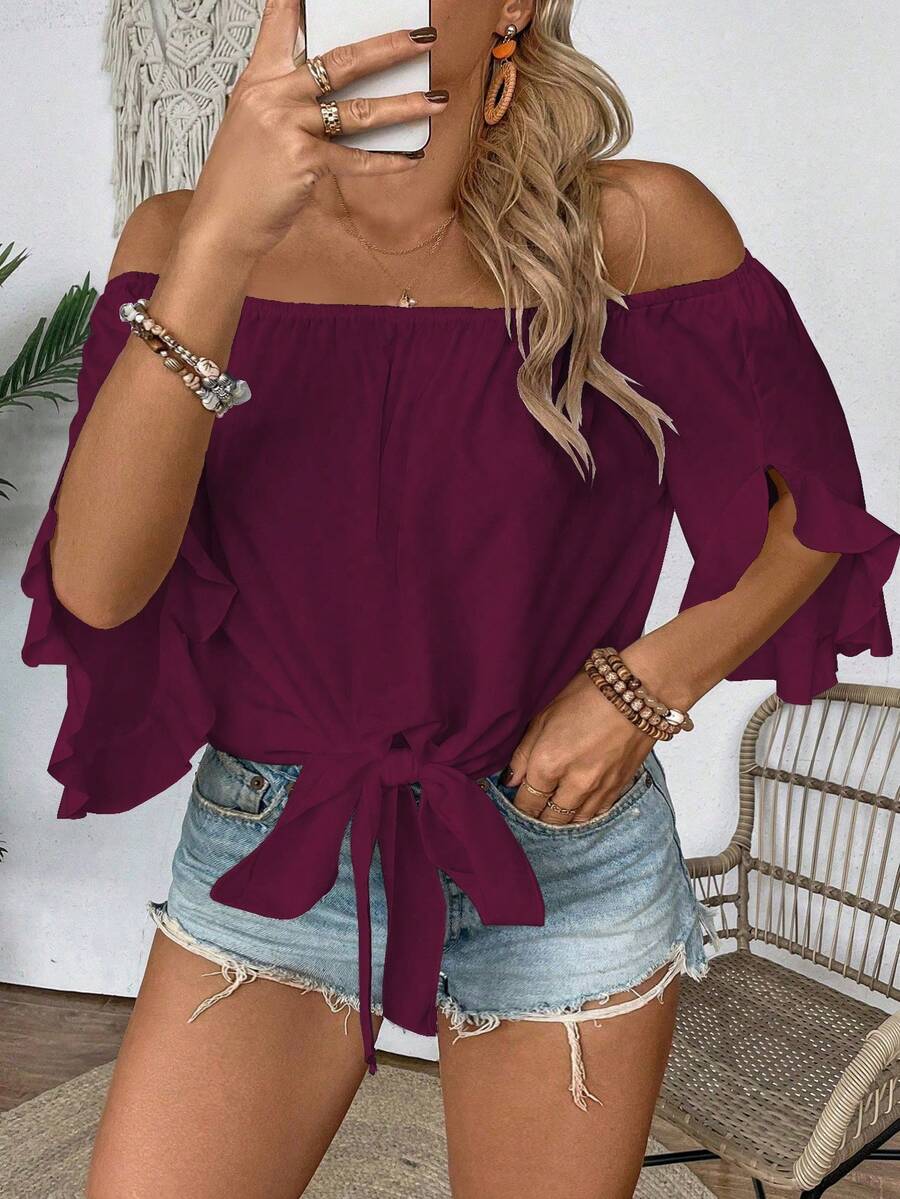 EMERY ROSE Plus Size Women's Vacation Solid Color Off-Shoulder Knotted Waist Fashionable Blouse - Red Violet - View 1