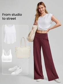 GLOWMODE Pantalones de salón de pierna ancha de cintura alta con toque de seda modal y bolsillos laterales para uso diario y casual en otoño e invierno - Burdeos - Ver 6