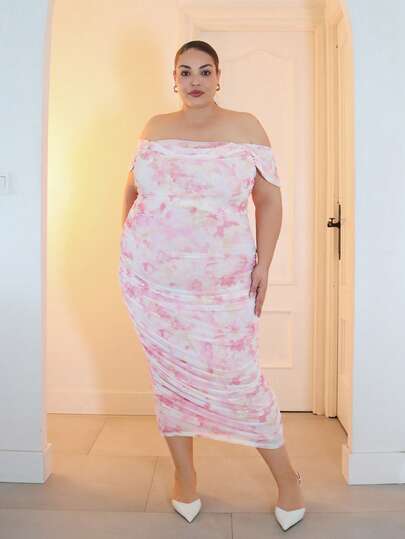 Pretty and Ole 大码女式粉色渐变花卉单肩褶皱晚礼服，适合约会之夜、派对、正式场合、夏季礼服