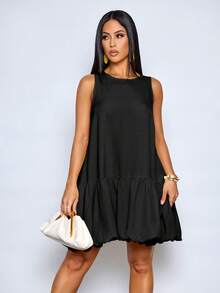 SOLERSUN Women's Elegant Scoop Neck Chic Ruffled Hem Summer Party Outfit Puffball Mini Dress - Black - View 5