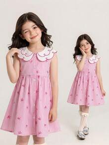 Elladie kids Vestido de niña con cuello bordado, decoración de lazo a rayas y botones en la cintura, adecuado para uso casual, elegante y lindo en el día a día o en vacaciones - Rosa - Ver 4