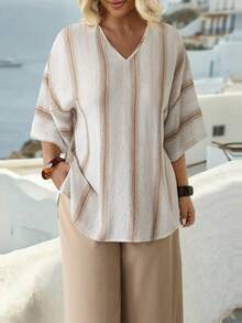 SHEIN Áo kiểu nữ dệt kim đơn giản, thích hợp cho mùa hè, phong cách thường ngày, nghỉ dưỡng. - Màu be - Xem 6