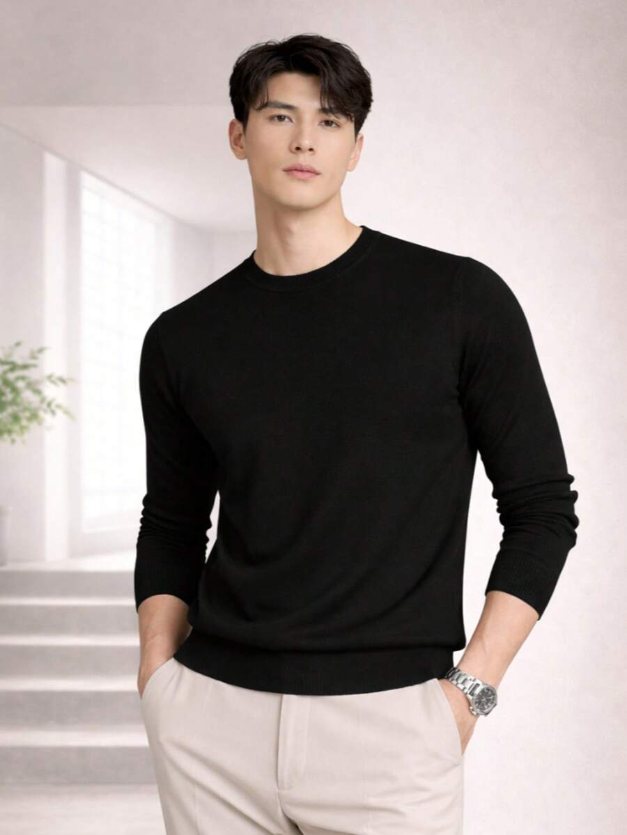 Suéter Hombre Cuello Redondo Color Negro Tejido Fino Minimalista