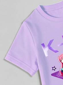 Elladie kids 春夏少女休闲时尚创意个性清新简约酷炫虚拟女团五角星图案字母标语印花休闲基础款短袖T恤裙，舒适日常穿着，适合春、夏、秋季穿着。 - 紫色 - 查看 5