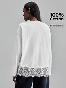 Ontre 2026 SS Maglietta in pizzo e pannelli, Maglie casual da donna per vacanze e feste, Elegante camicetta in maglia leggera, Scollo tondo, Bianco, Design minimalista, Adatta per ufficio, tempo libero, vacanze, feste - Bianco - Visualizzare 4