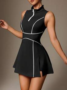 CourtClass CourtClass 2 件套女式运动连衣裙，瑜伽开衩性感 Polo 领半拉链汗衫，带口袋和紧身裤，户外休闲通勤装 - 黑色 - 查看 5