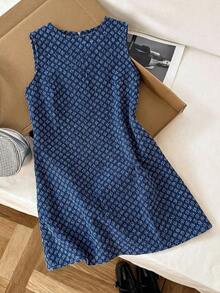 SHEIN Comfortcana Đầm denim không tay dệt jacquard dáng casual dành cho nữ, thích hợp cho kỳ nghỉ hè và đi làm hàng ngày. - Màu xanh lam - Xem 4