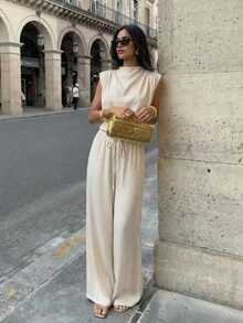 Aloruh Women's Casual Elegant Apricot Sleeveless Wide-Leg Pants Set/Summer 2 Pieces Set/Vacation Set/Commute Set Women Vacation Outfit Sets Women S Summer Outfits Women 2 Piece Outfit Casual Women Outfits Sets - Apricot - View 4