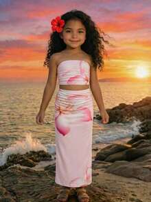 SHEIN Bộ áo ống và chân váy ngắn in hoa cho bé gái, trang phục thường ngày đi nghỉ mát. - Hồng - Xem 1