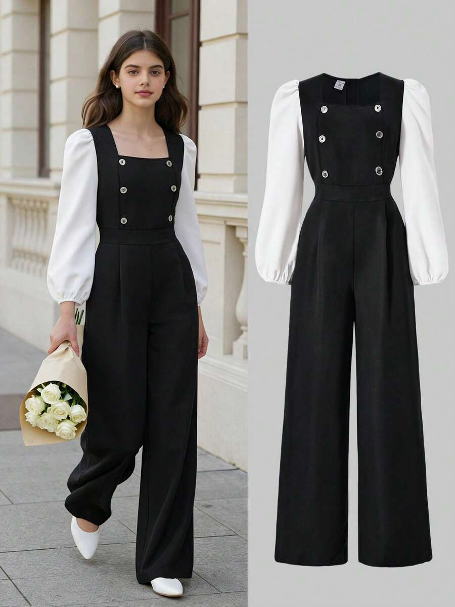 SHEIN Sparklyn Bộ đồ liền thân tay phồng cho bé gái tuổi teen kèm quần ống rộng nhiều nút trang trí nhiều màu - Đen và trắng - Xem 1