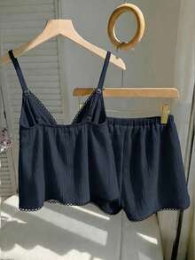 Comfortcana 女士纯色开衩吊带背心和短裤休闲两件套 - 藏蓝色 - 查看 2