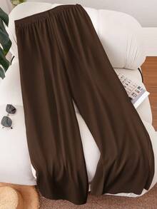 CosyJoli Plus Size Women Solid Color Tie Waist Pocket Loose Casual Pants - Brown - View 2